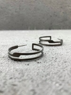 Modern sterling silver hoop earrings in architectural design plated with black rhodium