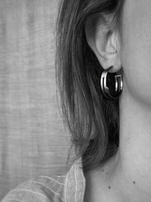 Second image of product: Modern sterling silver hoop earrings in architectural design plated with black rhodium