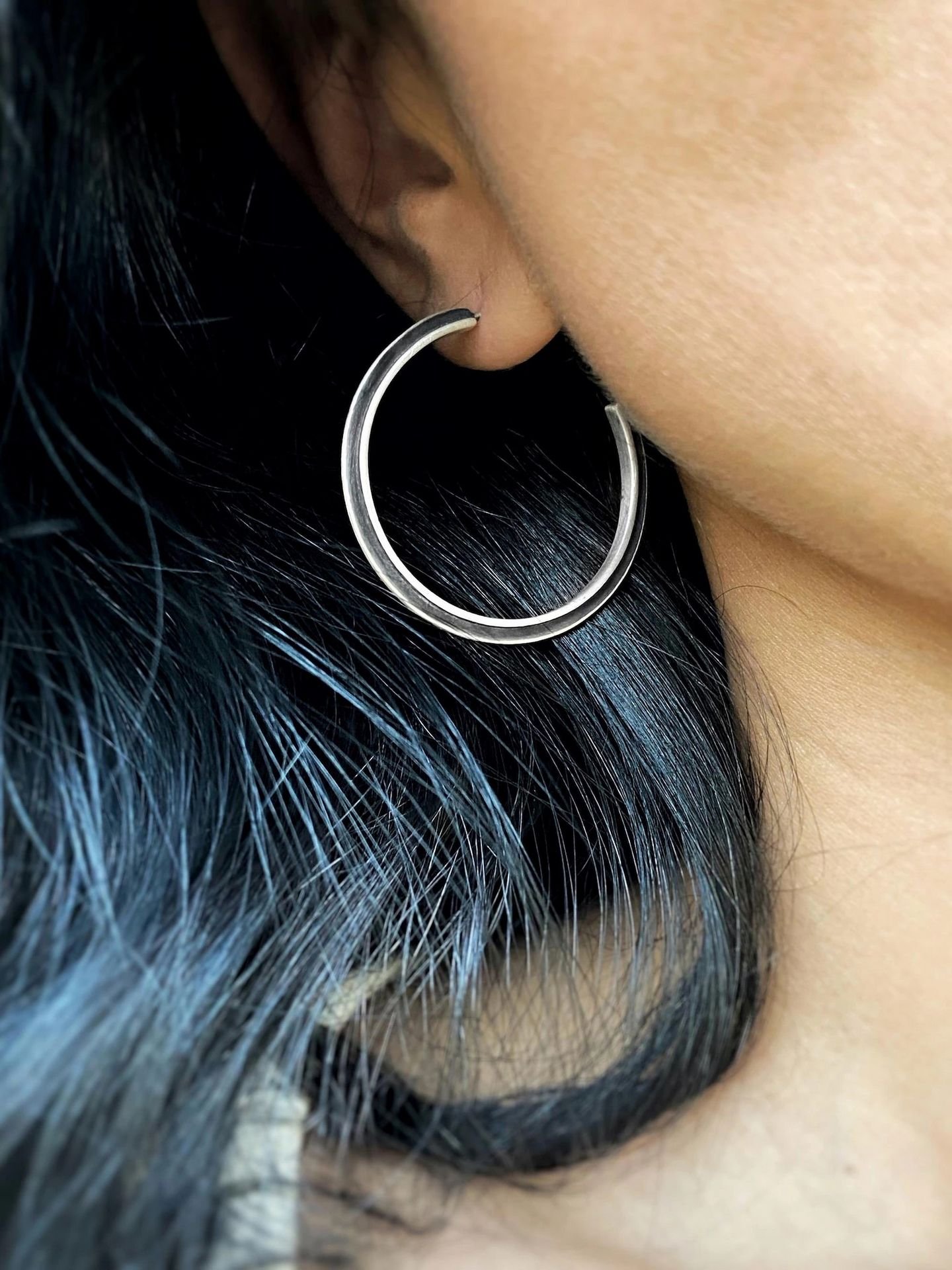 Modern hoop earrings in oxidized sterling silver