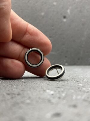 Small modern round stud earrings in oxidized sterling silver