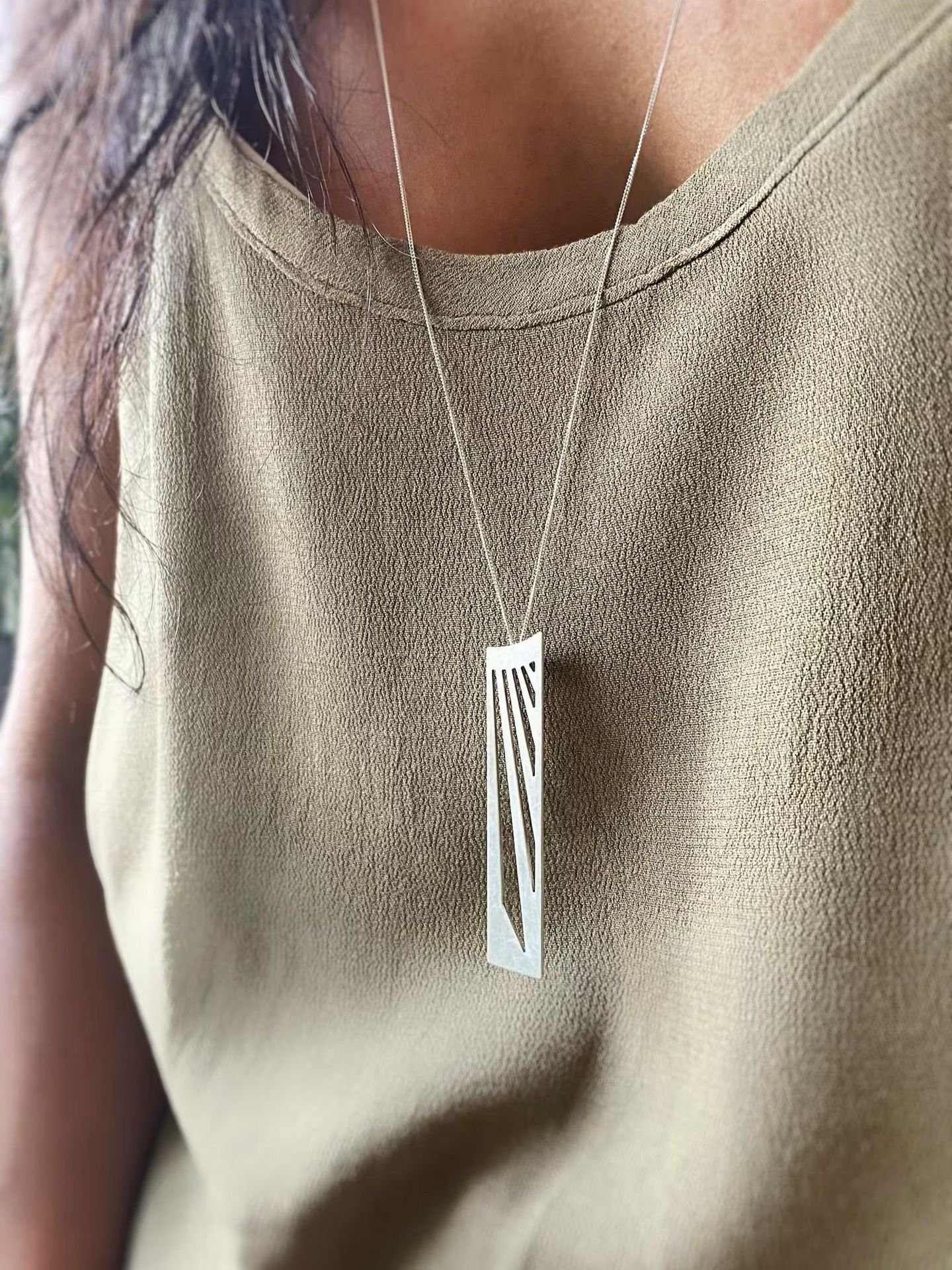 Long geometric pendant necklace in sterling silver
