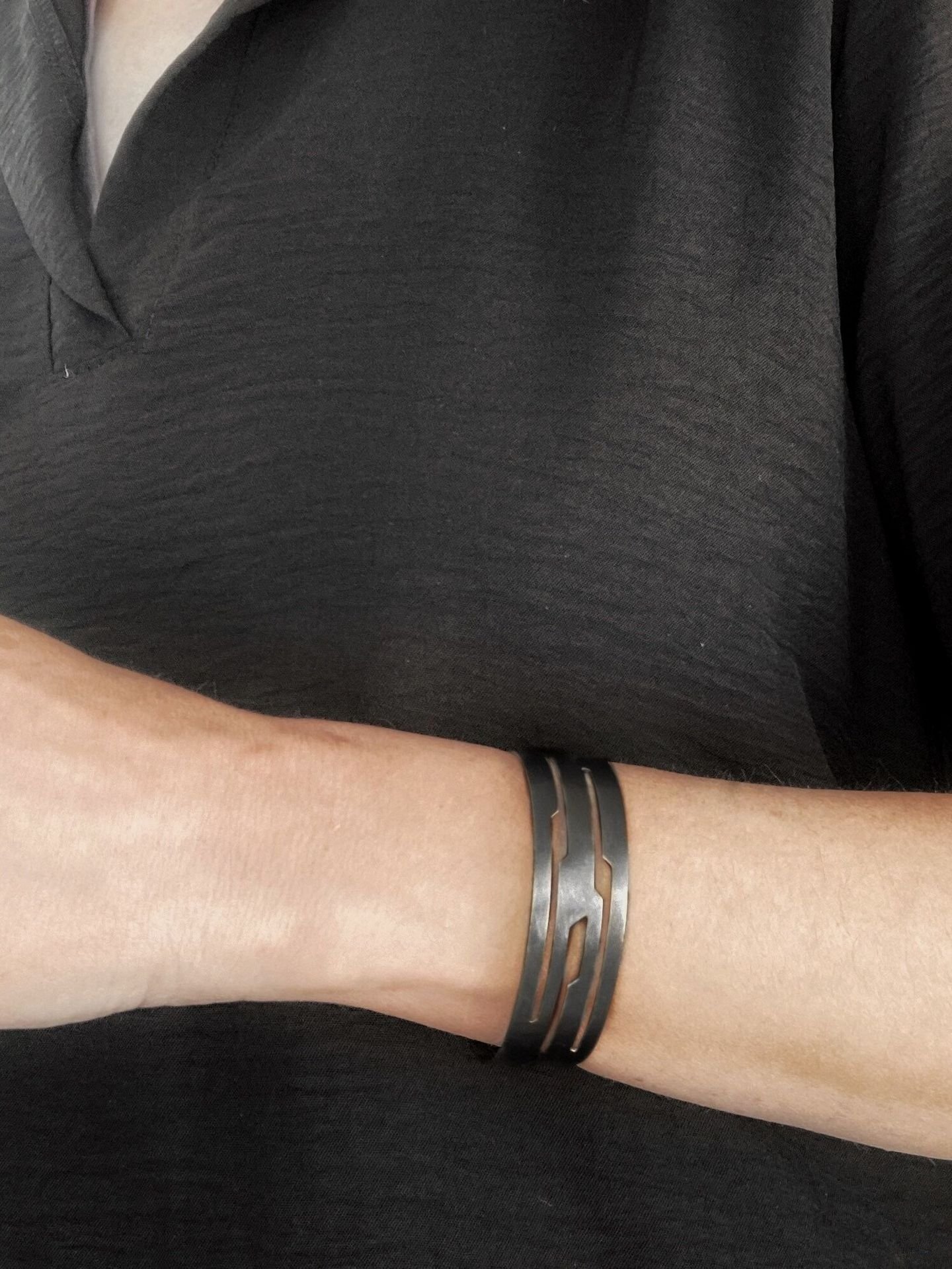 Second image of product: Modern statement cuff bracelet in black rhodium plated sterling silver