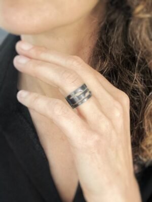 Second image of product: Modern geometric cuff ring in black rhodium plated sterling silver