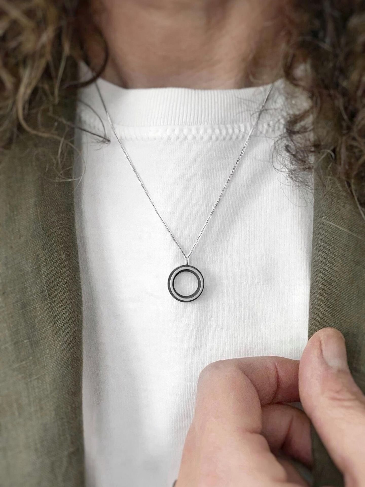 Small modern round pendant necklace in oxidized sterling silver