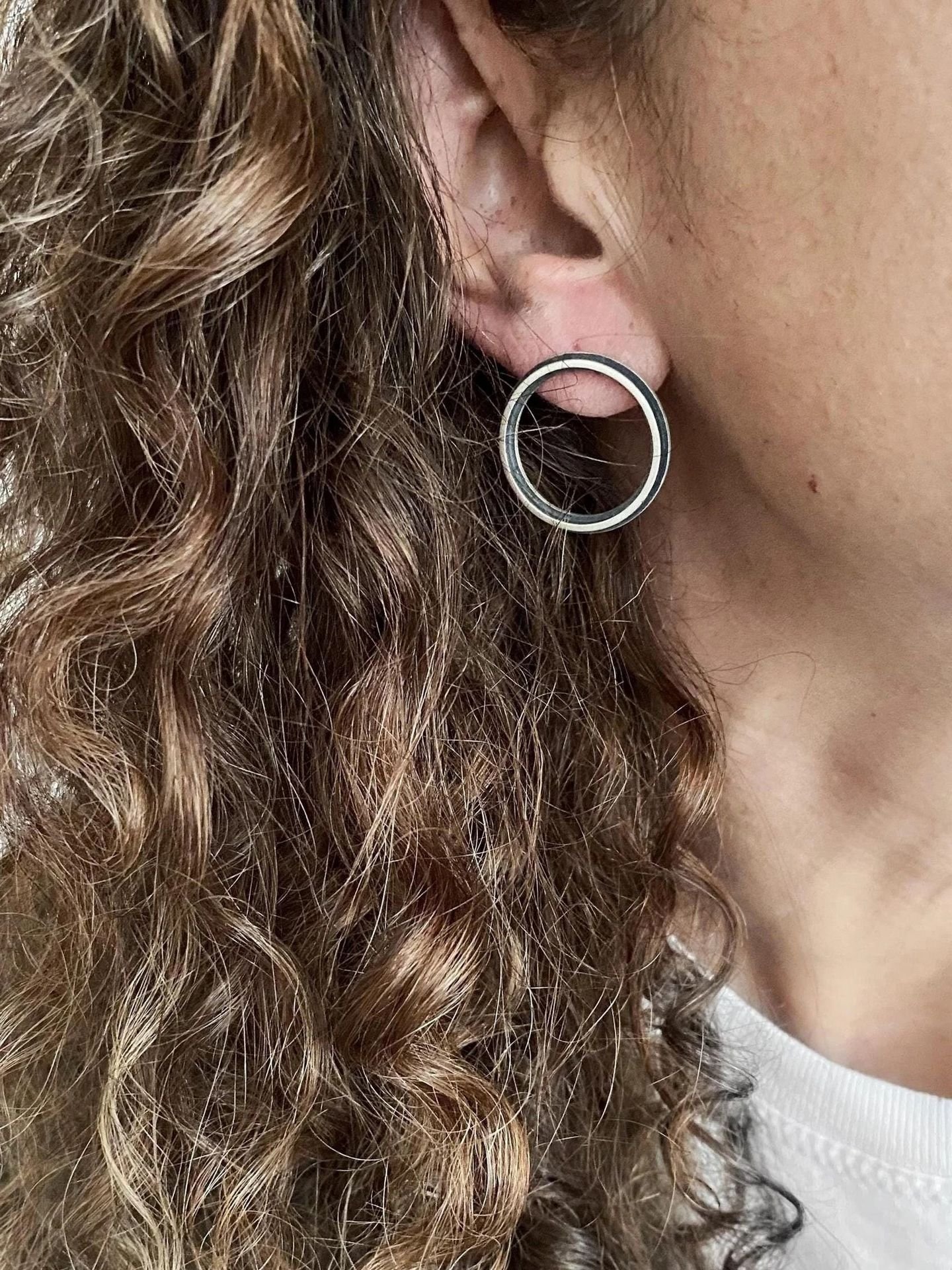 Modern round stud earrings in oxidized sterling silver